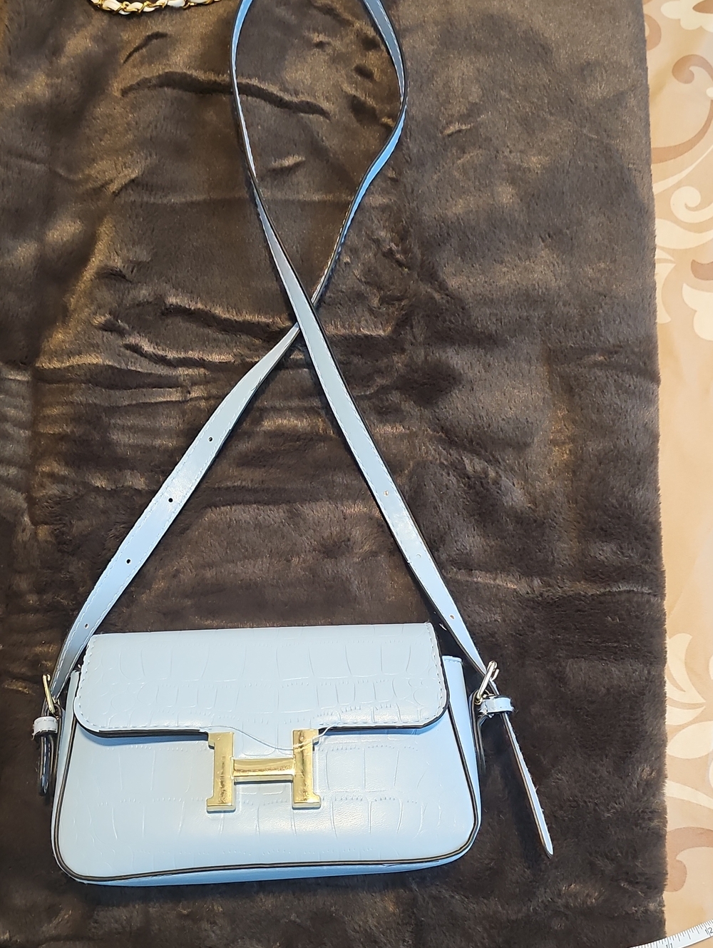 Light Blue Croc-Embossed Shoulder Bag with Gold H Hardware